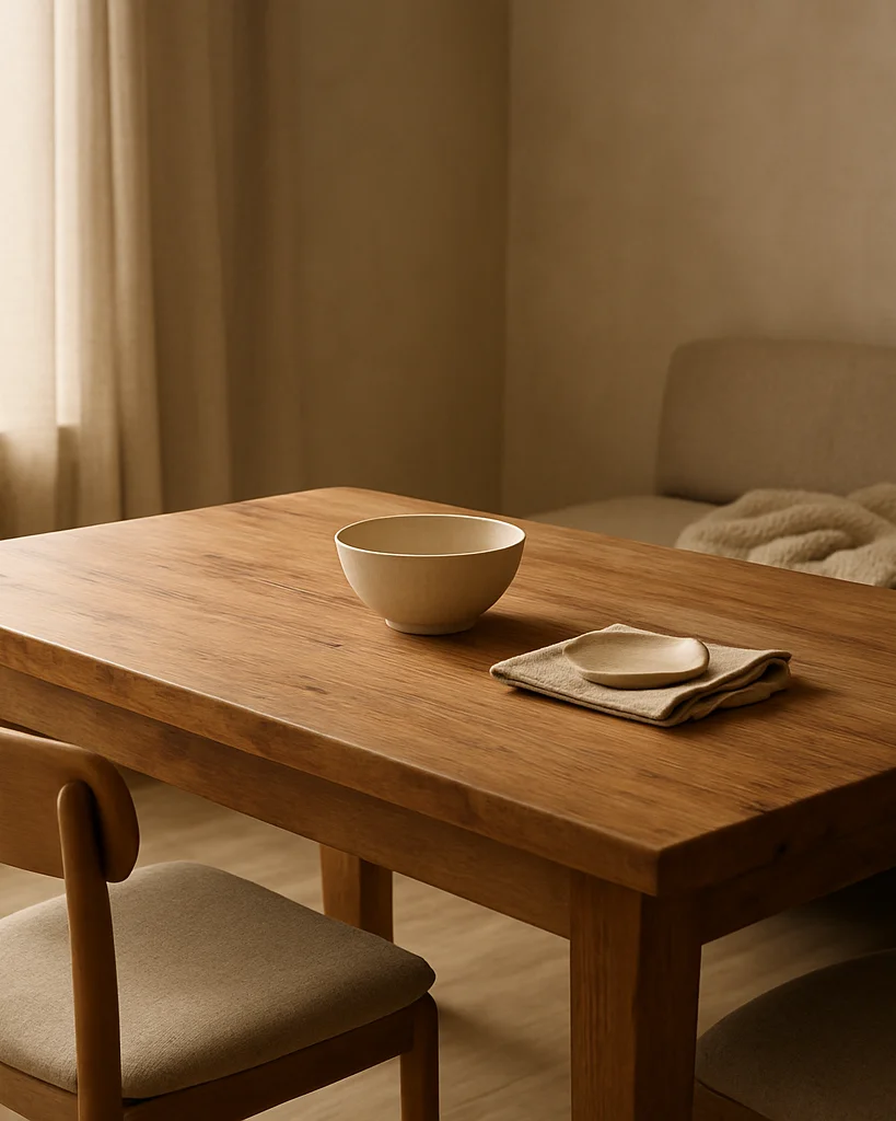 Editorial interior photograph of a solid timber dining table in a warm, lived-in room, soft natural window light falling