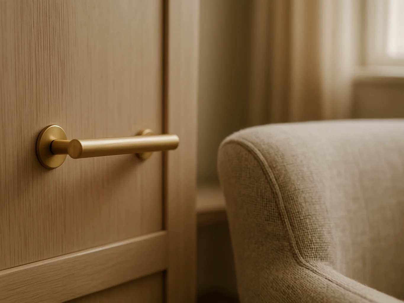 Close detail of unlacquered brass cabinet hardware and a linen upholstered chair arm in a warm residential interior, sof