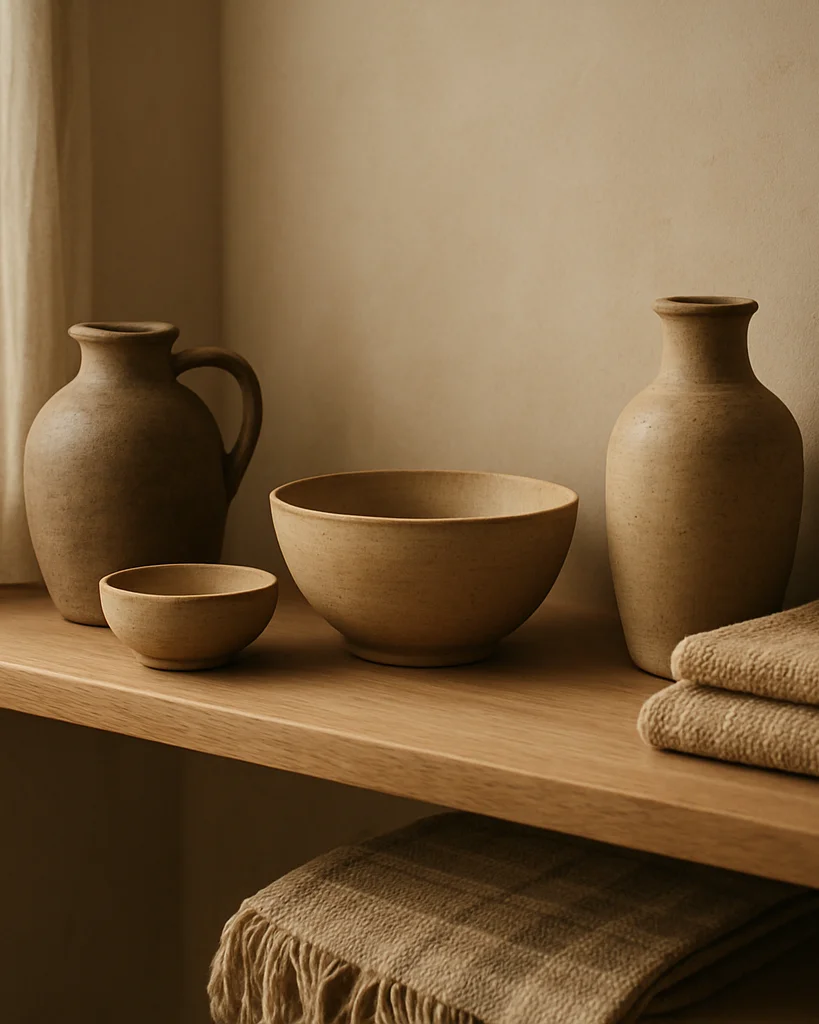 Quiet arrangement of stoneware vessels and woven textiles on a natural wood shelf in a calm room, soft natural window li