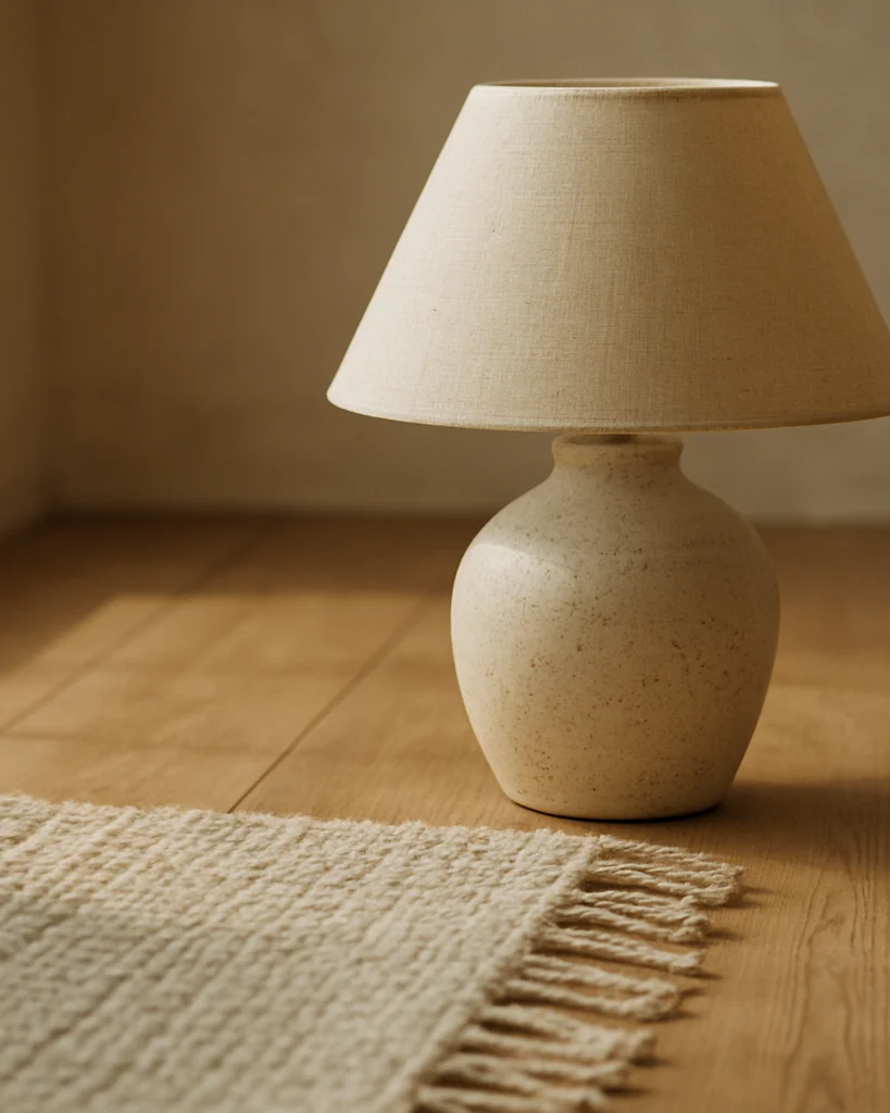 Warm editorial still life of a ceramic table lamp and a woven wool rug on a natural wood floor, soft natural window ligh