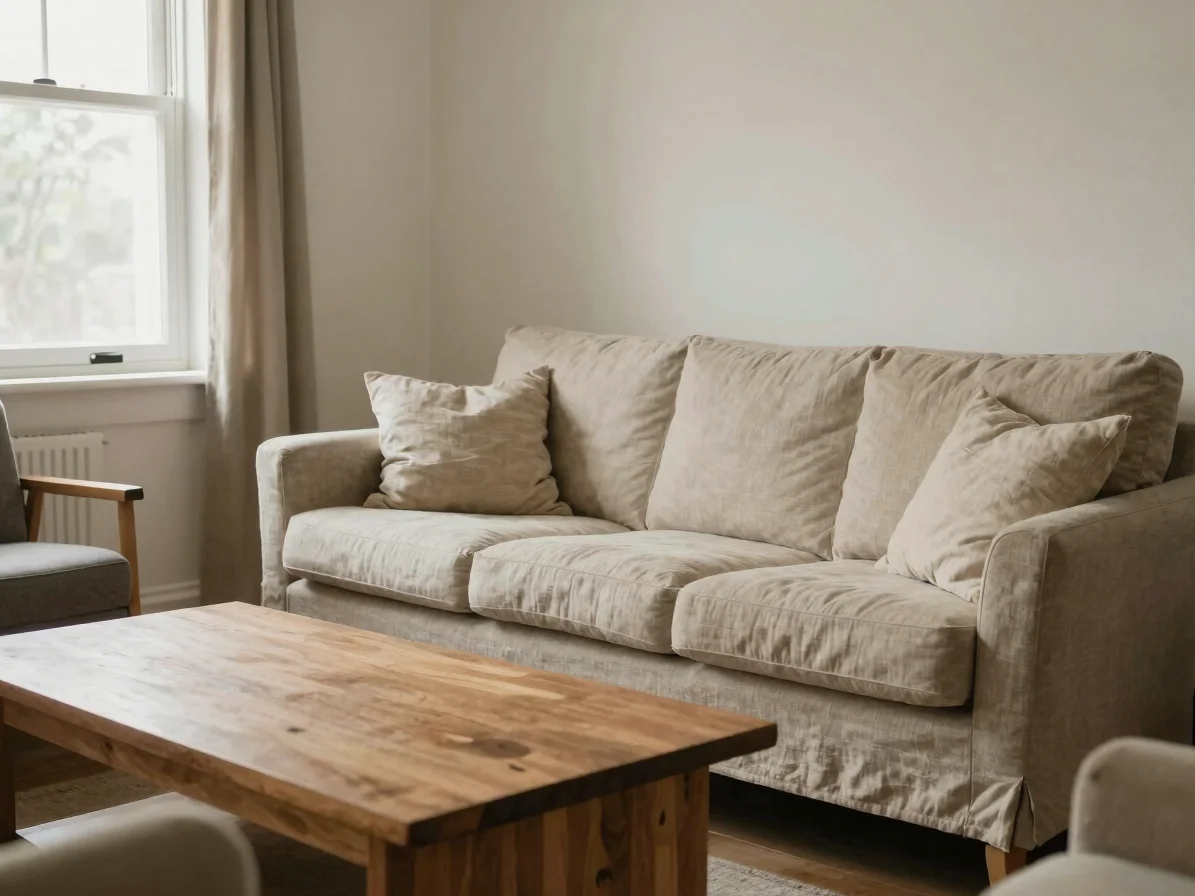 Editorial interior photograph of a warm living room with a linen sofa and wood coffee table, soft natural window light f