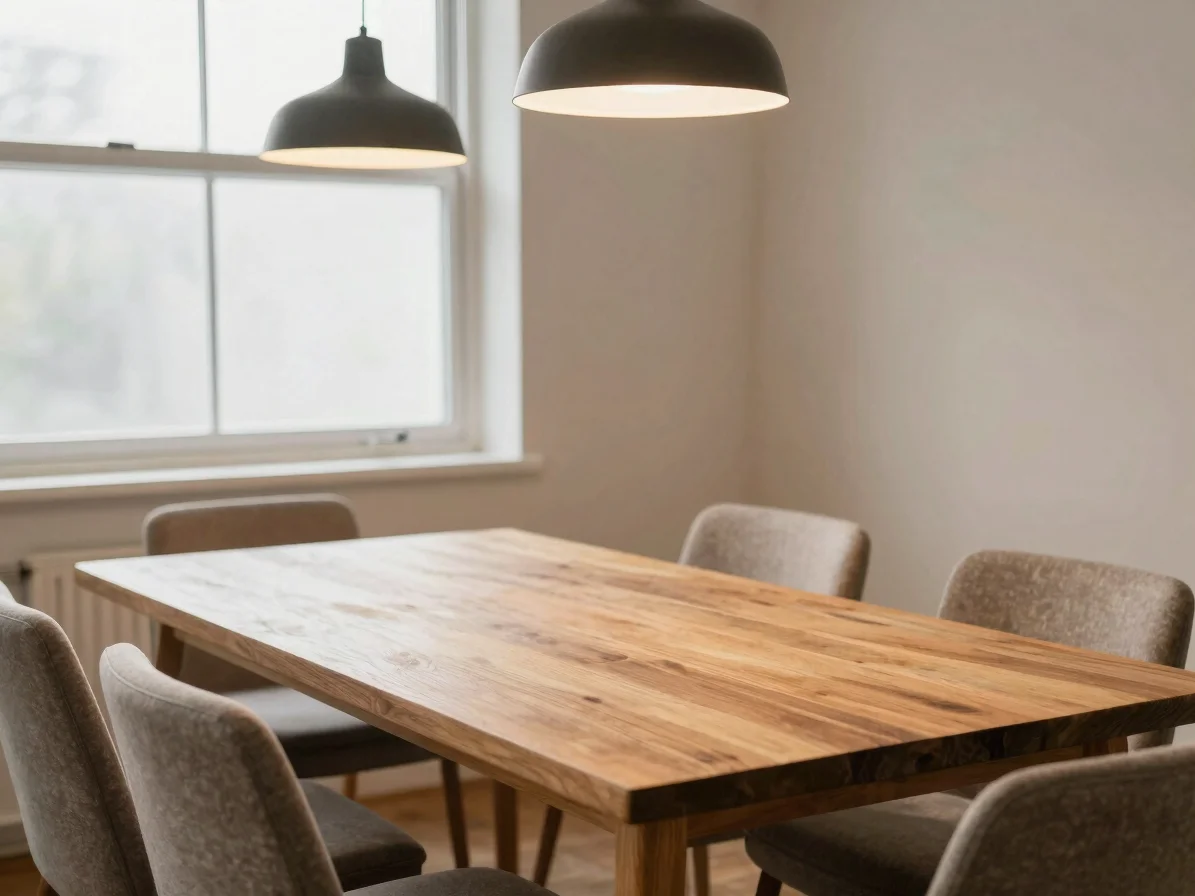 Editorial interior photograph of a dining area with a solid wood table and upholstered chairs, warm pendant light, soft
