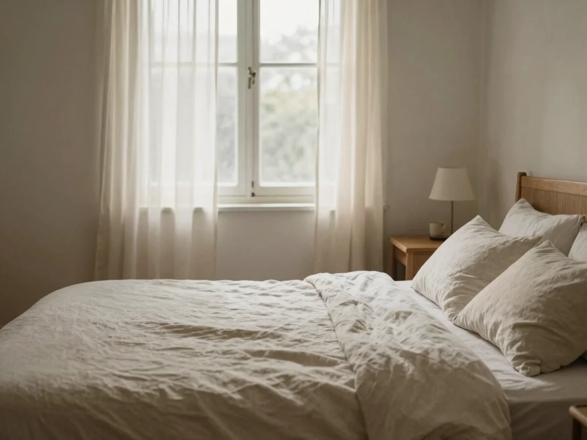 Editorial interior photograph of a calm bedroom with layered linen bedding and a simple wood bedside table, soft morning
