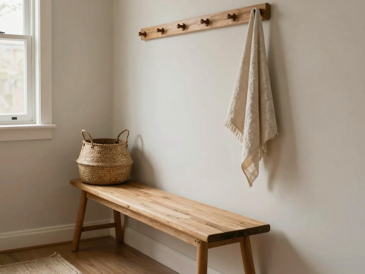 Editorial interior photograph of a tidy entryway with a wood bench, woven basket, and wall hooks, soft natural daylight,