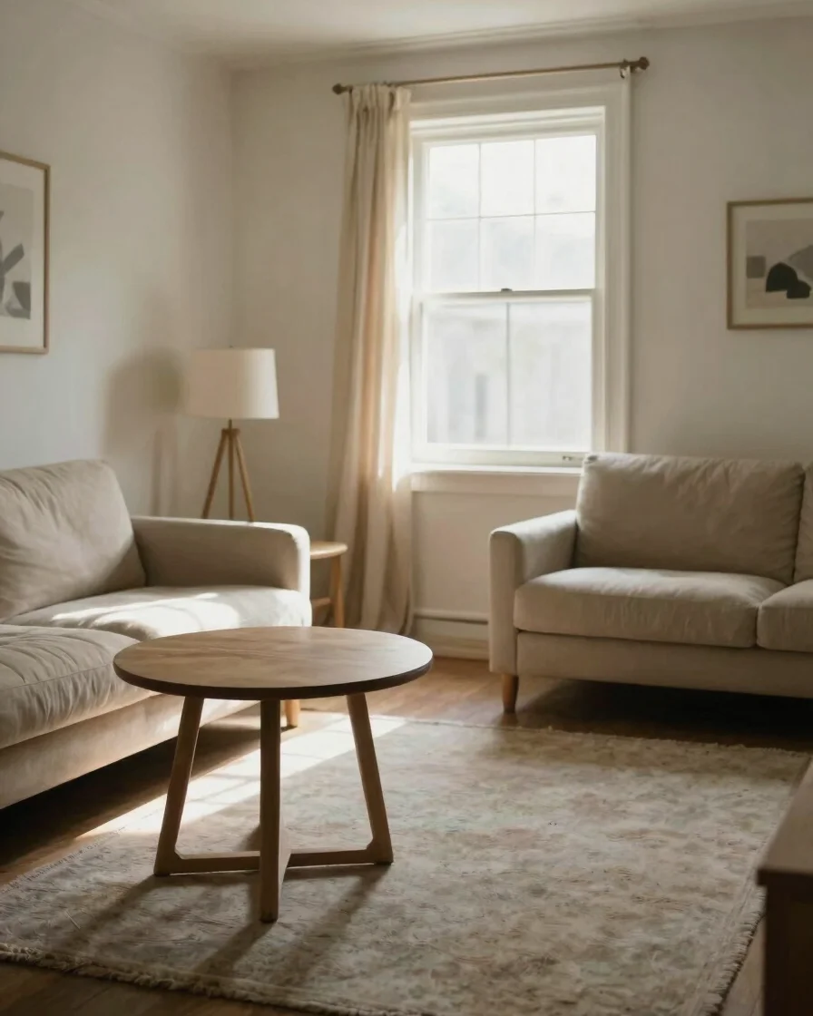 Sunlit living room in a lived-in home, soft natural window light across warm neutral textiles, a wooden side table and a