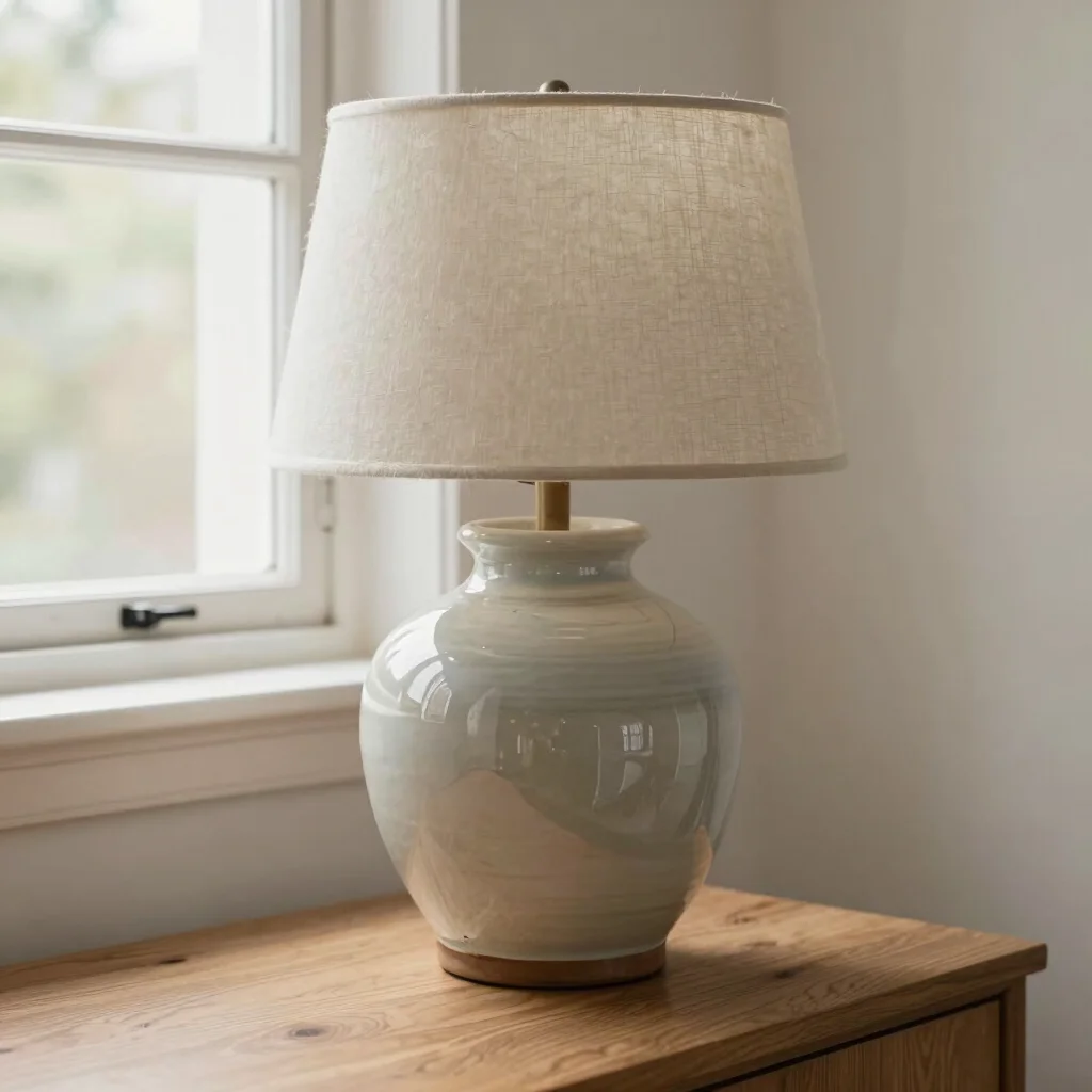 Close detail of a glazed ceramic table lamp with a natural linen shade on a wood sideboard, soft daylight, warm neutral