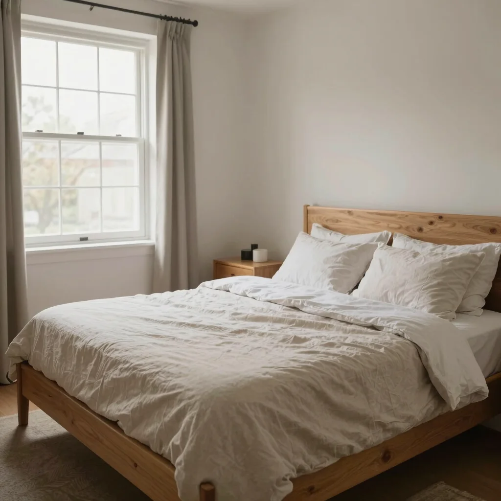 Bedroom room-wide view with a timber bed frame, layered neutral textiles and a simple bedside table, realistic daylight