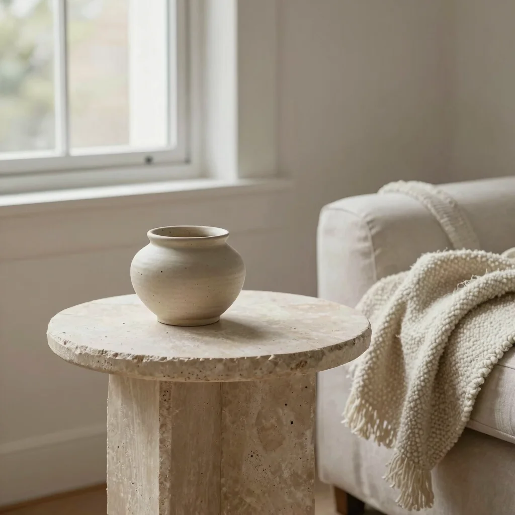 Living room corner detail with a stone side table, a ceramic object and a textured wool throw, soft natural window light