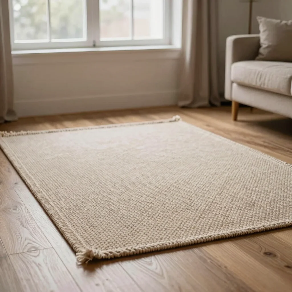 Woven wool rug draped over a light oak floor in a calm living room, soft window light, gentle shadows, warm neutral tone