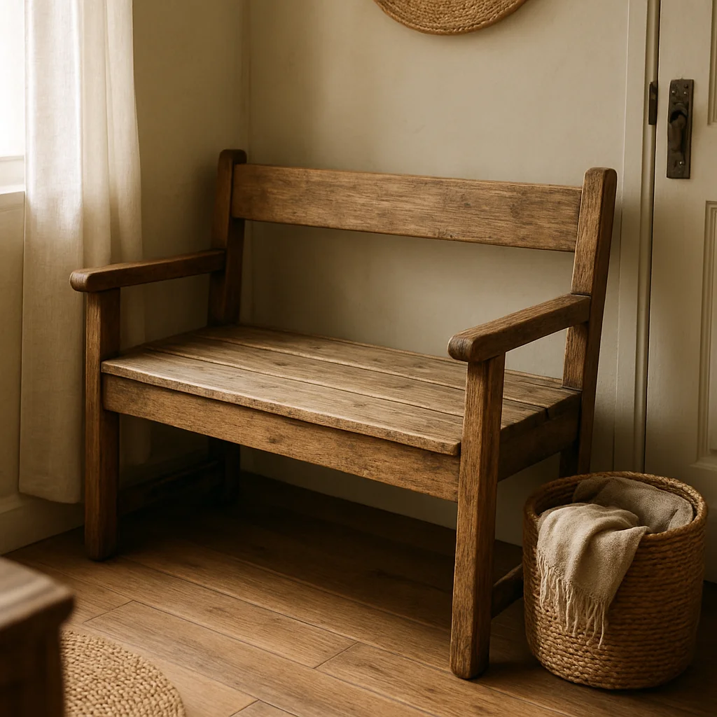 Weathered wooden bench with visible grain and patina in a lived-in entry, soft natural daylight, warm neutral tones, edi