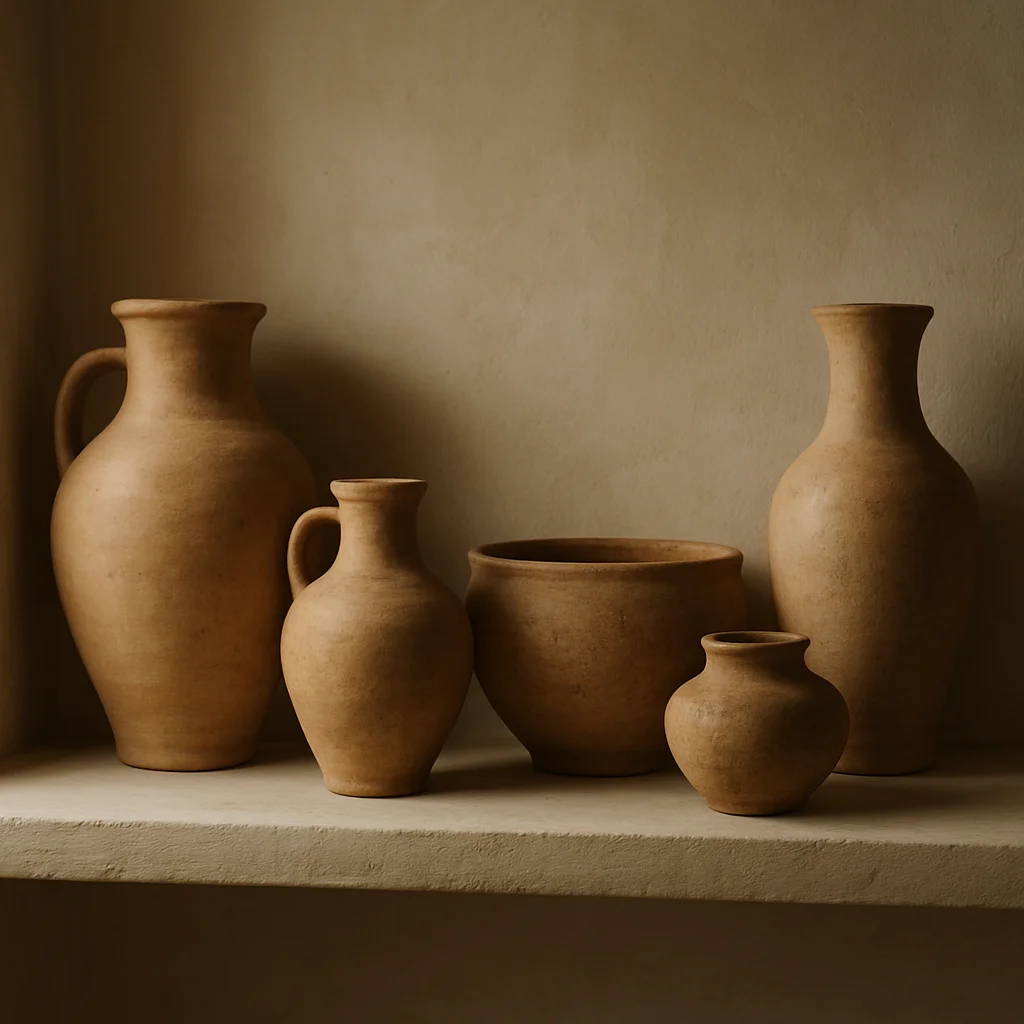 Archive pottery vessels grouped on a plaster shelf, soft window light, gentle shadows, close framing, warm neutral tones