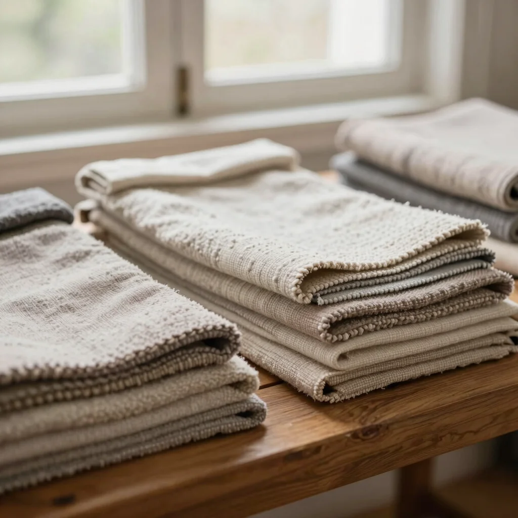 Textured textile swatches and yardage folded over a timber bench, soft daylight, close detail, warm neutral tones, shall