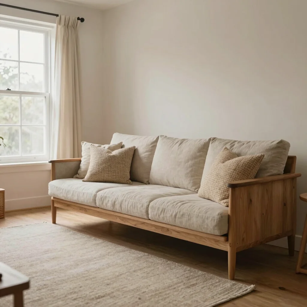 Wide editorial interior photograph of a warm living room in soft natural window light, a solid timber sofa and woven lin