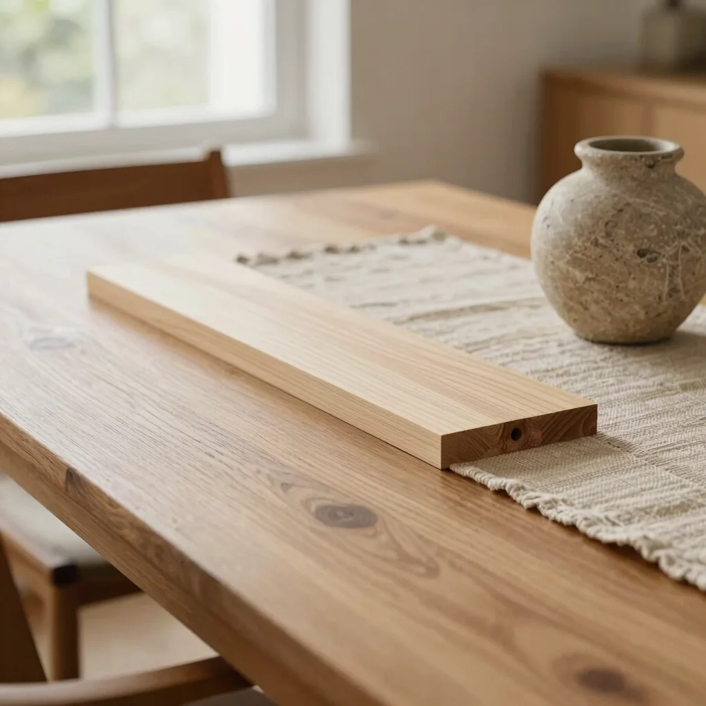 Close-up of solid timber joinery on a dining table in soft daylight, a woven linen runner and a natural stone vessel bes