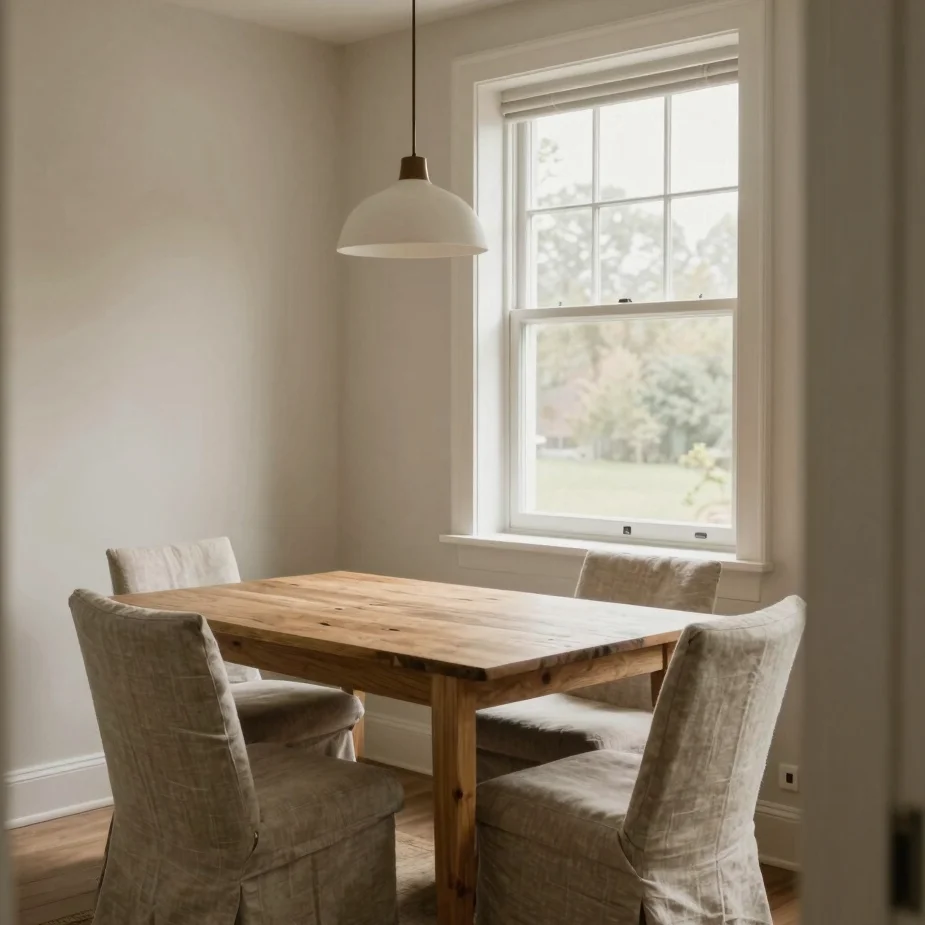 Wide view of a dining nook with a timber table, linen-upholstered chairs and a pendant light under a window, soft natura