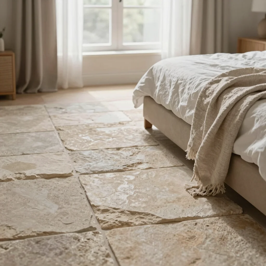 Close detail of natural stone tile and a folded linen throw on a bed frame in a bedroom, soft window light, lived-in cal
