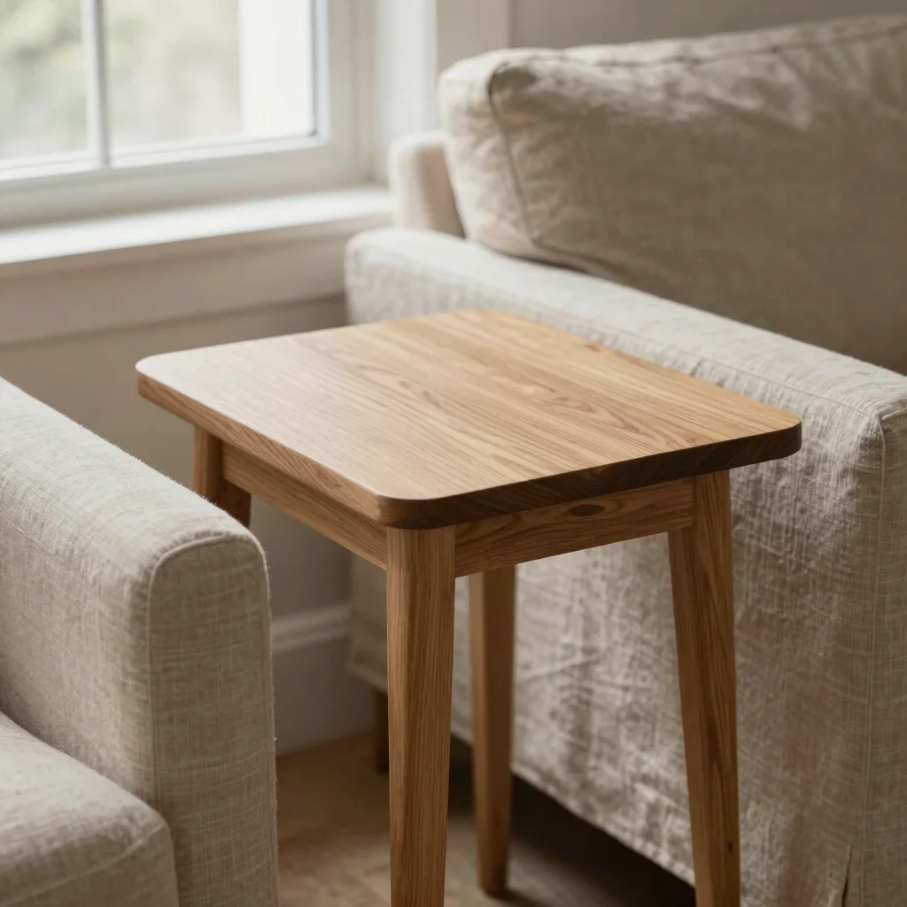 Editorial interior detail of a solid oak studio sample side table beside a linen sofa, soft natural window light, warm n